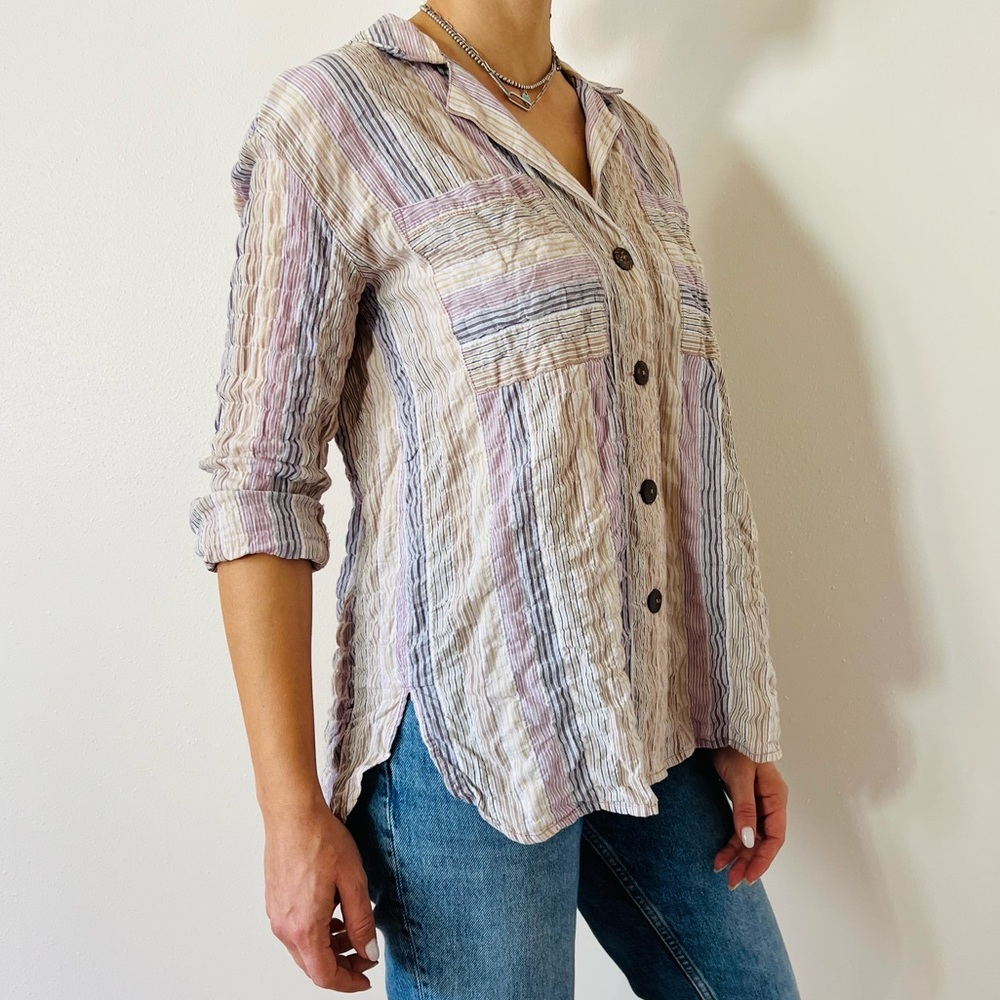 Free people High Tide pastel Striped poplin Button Down Shirt Oversized Boho